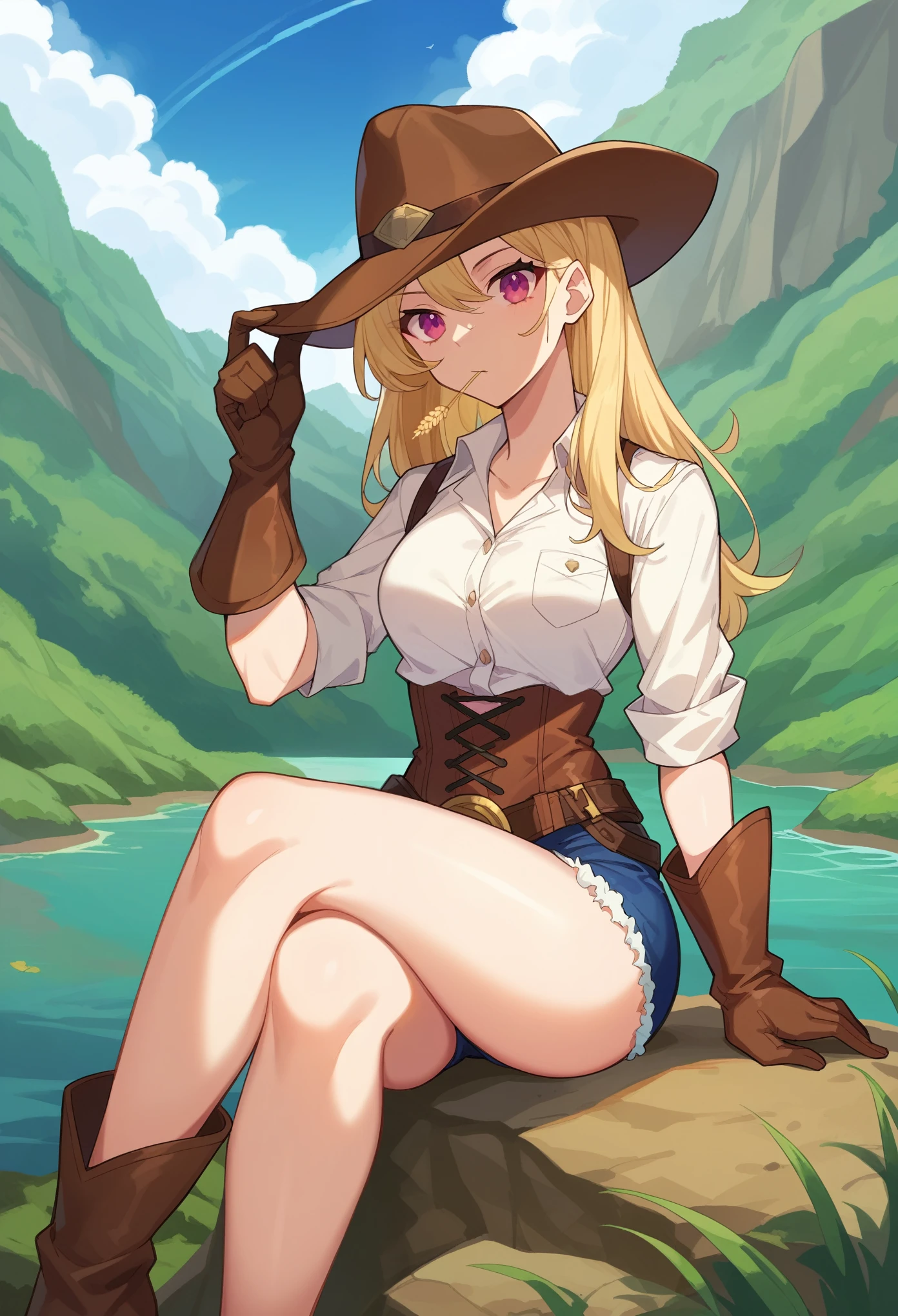 score_9, score_8_up, score_7_up, 1girl, solo, cowgirl, blonde hair, pink eyes, wild west, cowgirl, looking at viewer, wheat in mouth, brown cowboy hat, brown gloves, holding hat, sitting, crossing legs, canyon, river, clear sky, light clouds