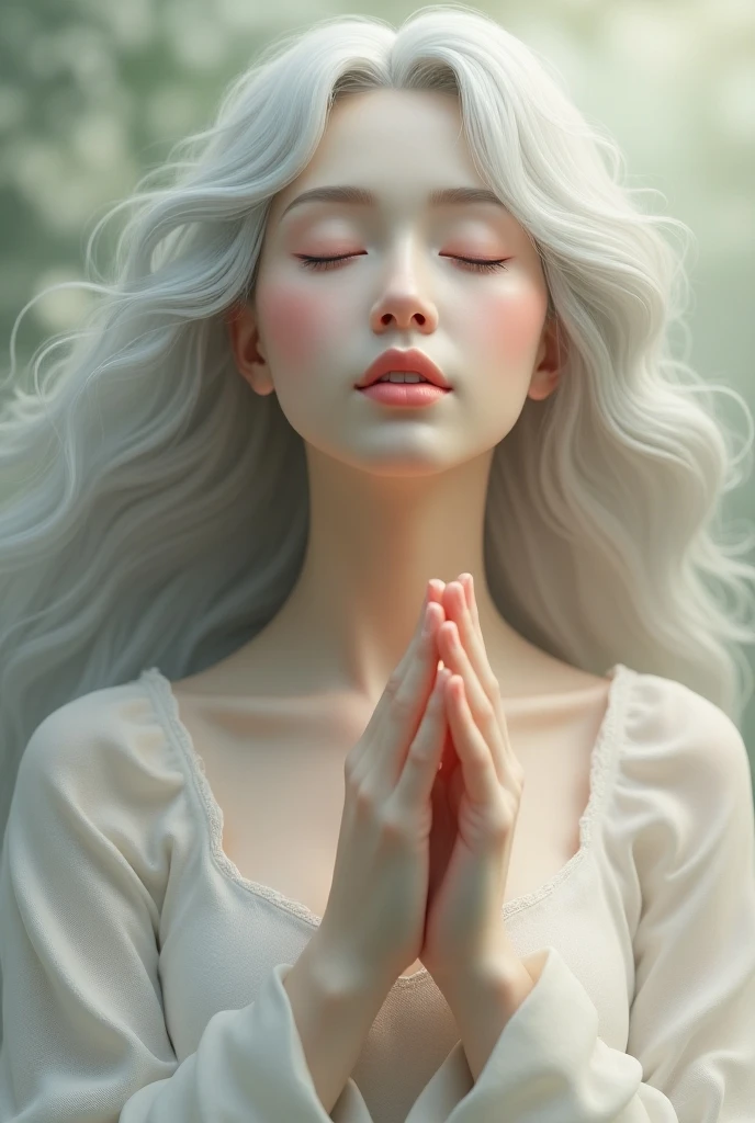 A young white woman with long blue hair styled in two braids, in a meditation position with her eyes closed and her hands in a prayer position. She is wearing a light blue dress. The image should be a full-body shot in a meditation position, very realistic, in an all-white temple with a white floor, white stone walls, white ceiling, and white columns.