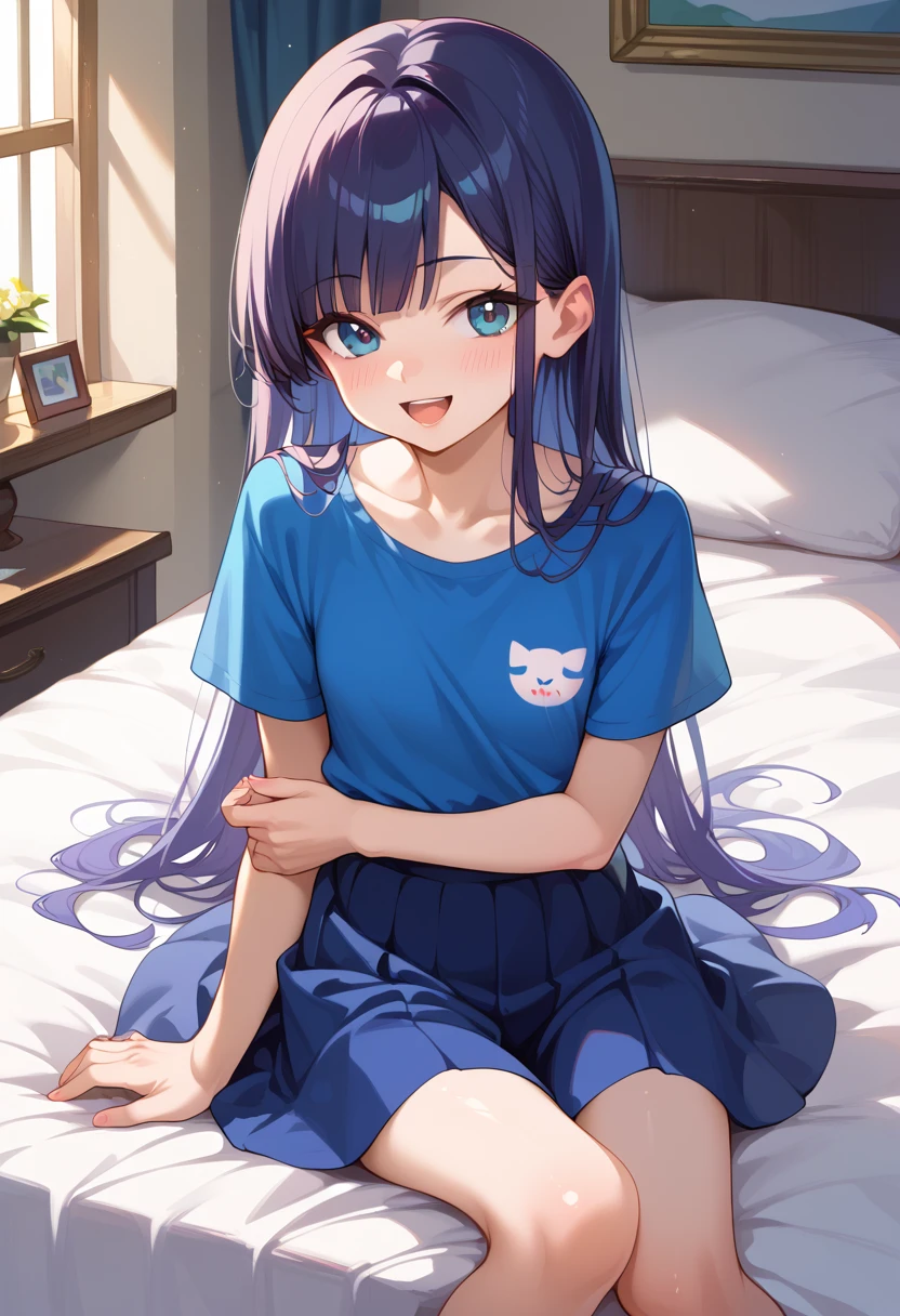 ((Best Quality)), ((masterpiece)), (be familiar with),  perfect face, indoor, bedroom,  watching viewers,
One woman,  Kitakawa Kaiumi,
 characters with open mouth ,  ecstatic expression, blush, smile,
Small breasts,  flat chest, Young girl, Lori,  s,  girl,
Long Hair,  long hair,
Leg spread,