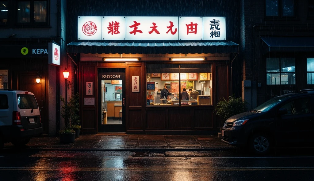 Japanese ramen shop in the 90s, a night with no one, raining