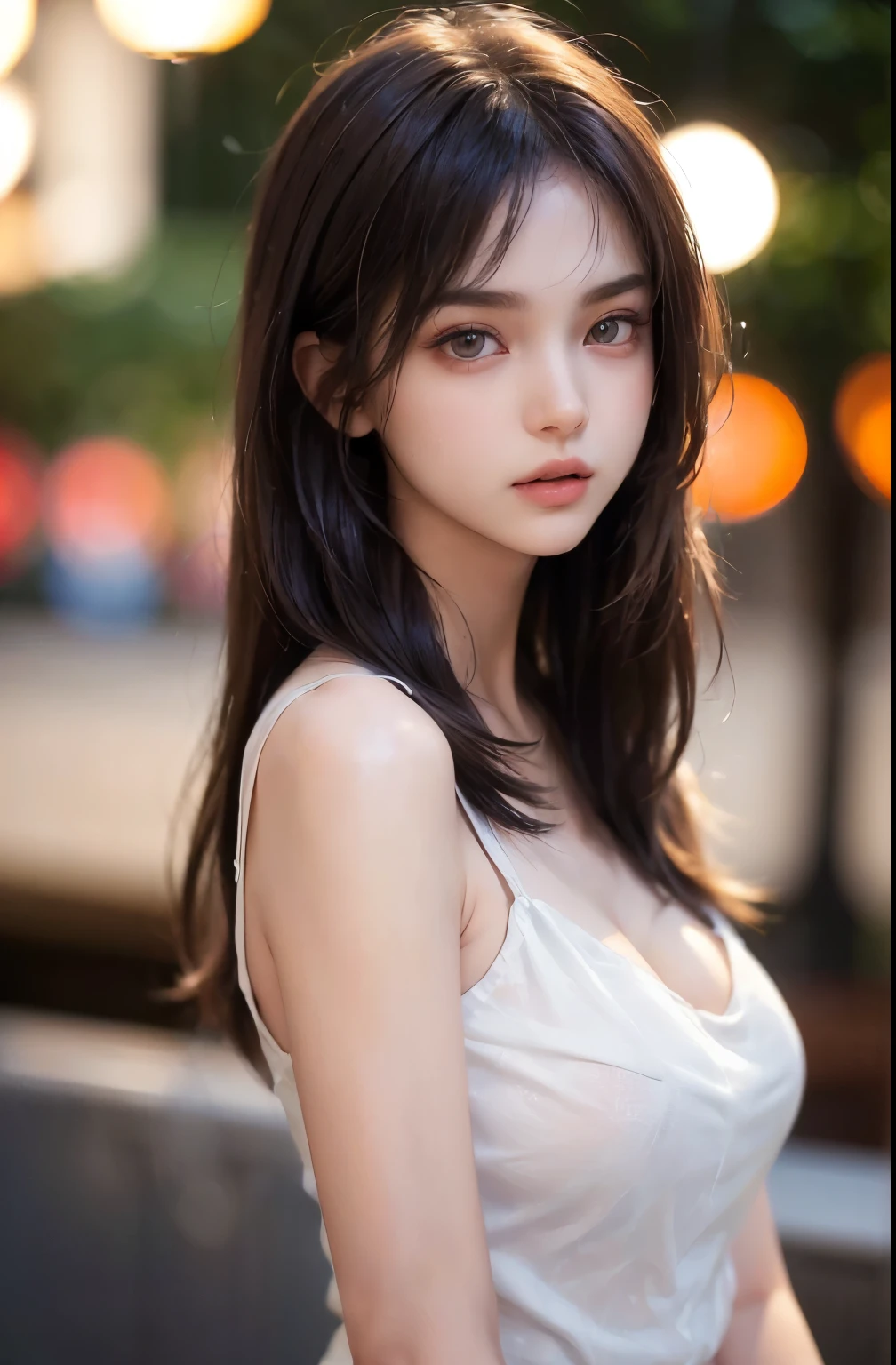 (1 nogizaka girl,raw photo,photo realistic:1.5),(best quality, high quality,HDR, highest quality,ultra high resolution,high resolution,high res,ultra high difinition,huge file size,8K,2K wallpaper,8K wallpaper,high quality texture,amazing,an extremely delicate:1.4),one girl, Japanese famous idol,beautiful face,small face,absurd,ridiculous,incredibly ridiculous,blurry background,(cleavage,no makeup:1.2),medium skin,beautiful skin,detailed skin,black hair,silky hair,(Japanese eyes:1.3),detailed eyes,black eyes,Japanese idol eyes,triangle eyes,Japanese nose,5-fingers,(Light Particles, Lens Flare, Luminous Particles: 0.7),looking at viewer,bright lighting,professional lighting,girl