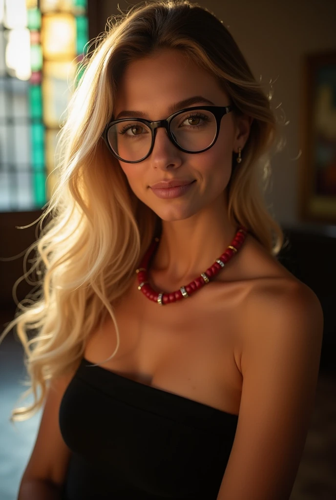 1girl,, maid headdress, heart,, collar, blonde hair, long hair, , blush, brown eyes, looking at viewer, red collar,, halo, , , upper body, black background, saliva, collarbone, simple background, teeth, nose blush,, belt collar, top light, maid dress shirt, earrings,
c0rdelia_n0texist glasses
