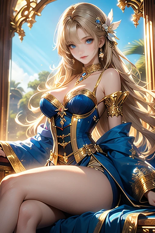 A powerful, seductive Asian woman sits confidently on a lavish golden throne. She wears a deep blue, form-fitting corset with plunging details, adorned with intricate gold embellishments and blue gemstones that highlight her curves. Her blonde hair flows luxuriously over her shoulders, and her intense blue eyes exude dominance. The outfit reveals her toned legs, with fabric draping elegantly yet provocatively over the throne. Her jewelry—necklaces, bracelets, and earrings—shimmer with sapphire-like stones, enhancing her alluring presence. The throne, made of gold and covered in plush blue velvet, is set within an opulent, ancient palace with marble columns, adding to her queenly yet sultry aura.