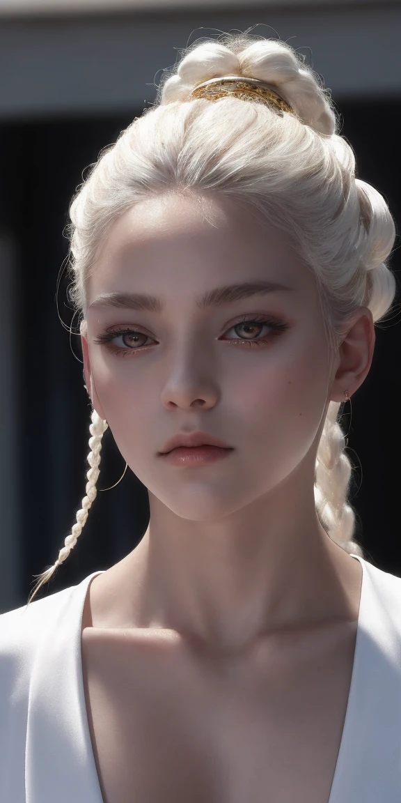 best quality, masterpiece,white hair, gold eyes,white clothes, looking up, upper body,hair strand,Fair skin,side braids
