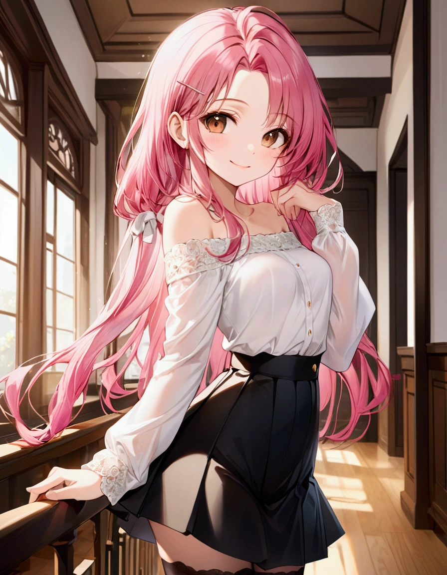 A realistic and detailed image of a girl wearing an off-shoulder blouse and a pleated miniskirt. She has long wavy pink hair. light blue eyes. She has earrings, long eyelashes. she has plump lips, medium breasts, slim waist, The hips are wide，Thighs are thick. Breast view, view. Arched backward. She knelt on the tatami，The sunset sun shines on her.wearing white