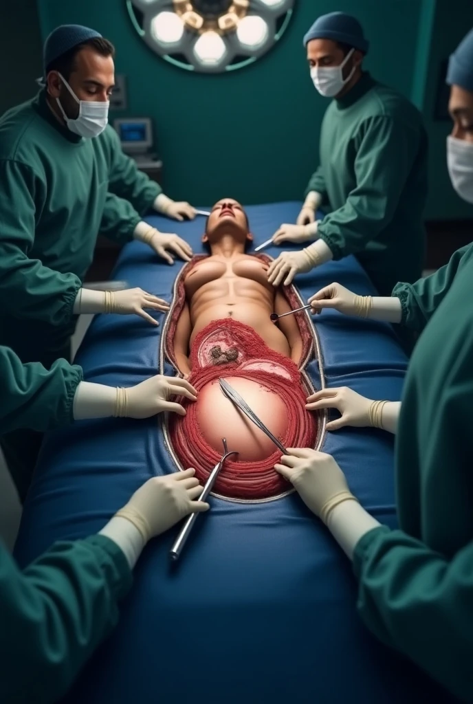 A live-action photo of an evisceration surgical procedure where a busty and completely nude female patient with a ventilator and her whole internal organs exposed is positioned on an operating table in a lateral decubitus position with her legs spread wide. She lies with her left side against the table, tilted towards her ventral side, causing a slight twist in her torso. This position fully exposes her chest, abdomen, perineum, and back, allowing surgeons in hazmat suits to simultaneously approach both the ventral and dorsal sides and perform a continuous incision from her chin down the ventral midline, through the perineum, and along the dorsal midline to the occiput. One surgeon, using a futuristic large handheld electric circular saw, has completed the incision and is now cutting down her pubic bone, while another surgeon continues the incision along her back.