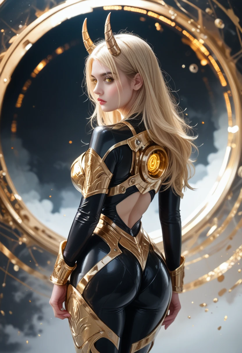 1. Stunning, otherworldly figure of a woman with very long, shimmering blonde hair reminiscent of both Aphrodite and Jean Grey, adorned in an armor suit that exudes femininity and power. The intricate details of the suit, complete with gloves, are a testament to her womanly form. Her impossibly small waist perfectly contrasts her expansive hips, boasting measurements that far exceed 90 inches, making her bottom-heavy and a possessor of the world's largest massive buttocks. She wears bold leggings that hug her voluptuous lower body, exhibiting a fusion of Christina Hendricks and young Brooke Shield