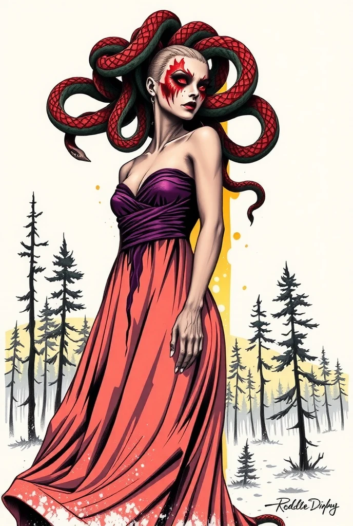 full length portrait of a monster, strong, , the body engraved with ancient runes and filled with scars and war wounds, Wrapped in a red mist and rain running down your body, holding a huge ax with a look of rage and aggressive pose. (Tetradic colors), InkPunk, Ink lines, strong outlines, Art Nouveau, art st