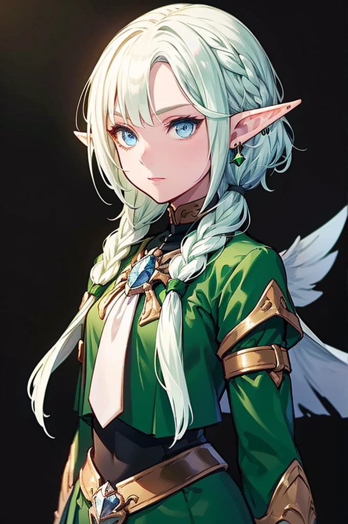 Black background with spotlight 、Green clothing、 short silver hair braided in Rinwell style、 pointed ears、Elf、 blue eyes、 Rough Outfit 、 long lashes