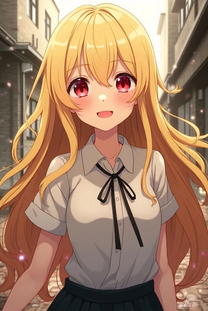 (high quality, best quality ,masterpiece:1.2), simple background, white background BREAK 1girl, solo,blonde hair, red eyes, ponytail, long hair, smile, blush, upper body, white dress, collarbone,