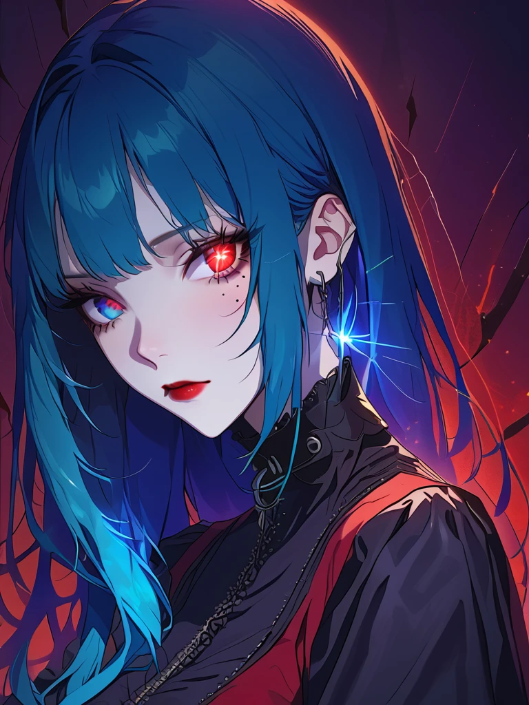 Gothic woman with a black and red gothic dress, with blue hair, beautiful blue haired girl, pretty girl with blue hair, with long turquoise hair, profile image, 29- year - old goth girl, anime vibes, messy blue hair, goth girl aesthetic, girl with blue hair, beautiful woman with blue hair, teal hair, long cyan hair High Resolution, High Details, Anime Style, Glowing Light, Red Lips, Sparkling Eyes, Evil, Glowing Eyes, Mole Under Eye, 