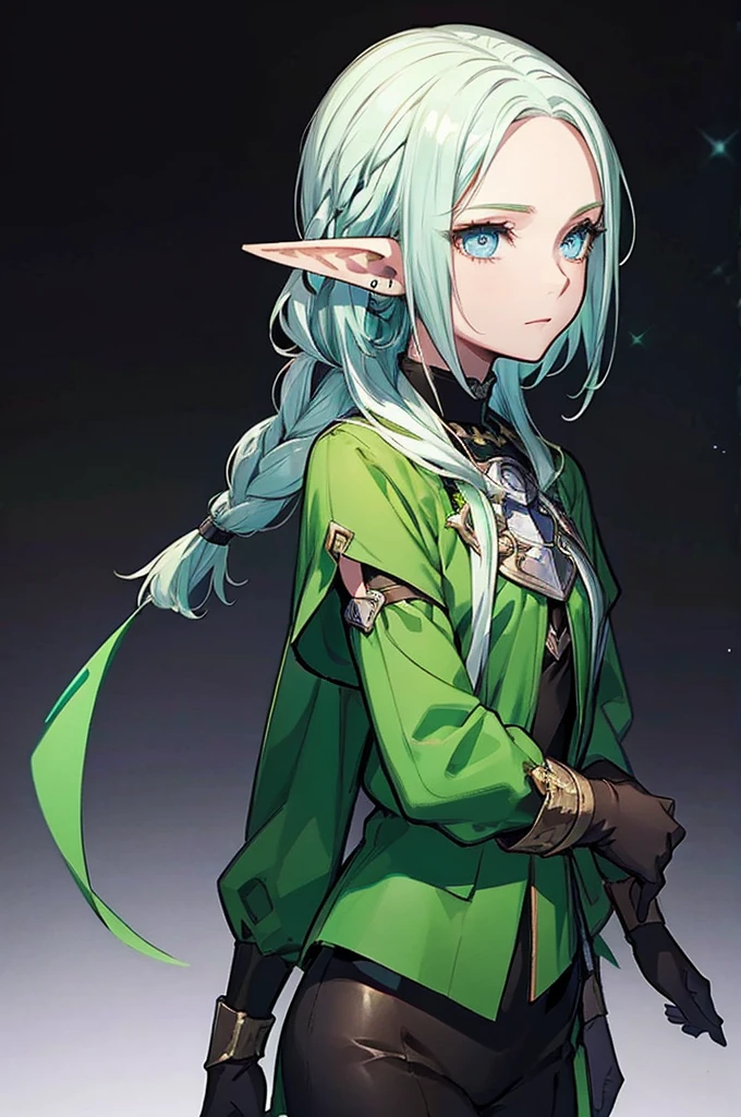 Black background with spotlight 、Green clothing、 short silver hair braided in Rinwell style、 pointed ears、Elf、 blue eyes、 Rough Outfit 、 long lashes