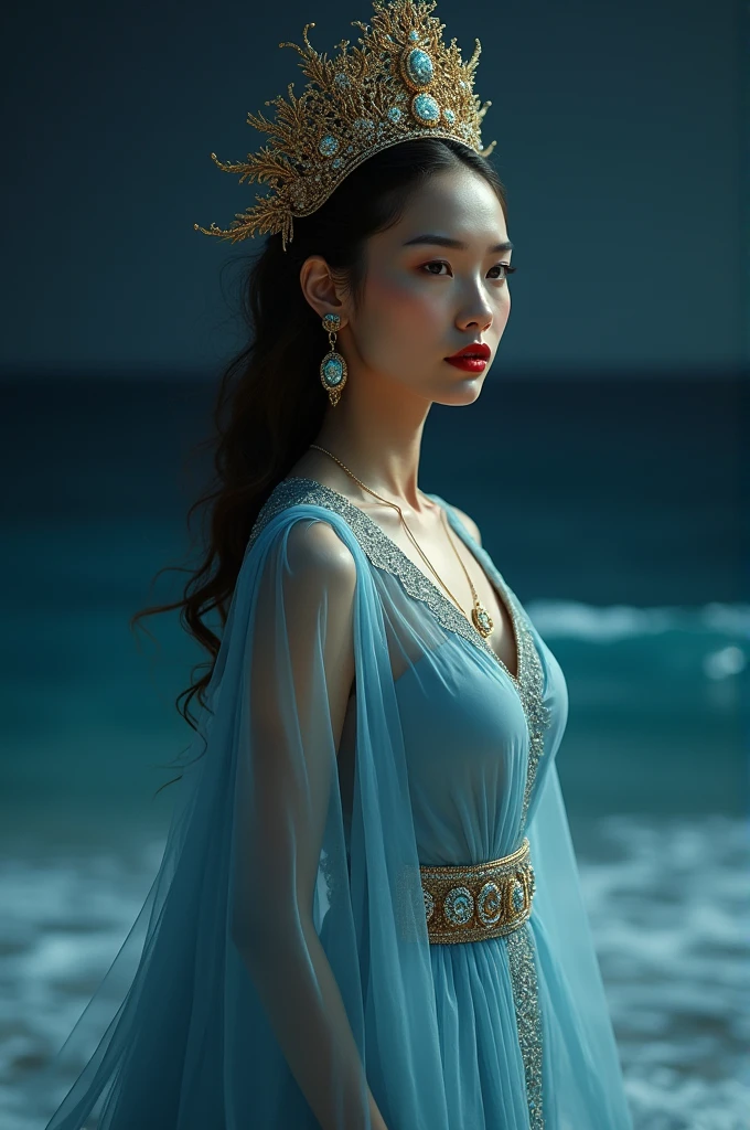 the best work of art, Kanjeng Ratu Kidul, Queen of the Southeast Asia, beautiful woman, erotic, long hair blowing in the wind, smiling and somewhat serious face, wearing a small gold crown with a crystal arrangement in the middle, dark white kemben (camisole) luxurious jewelry, dark white shawl and cloth skirt batik sarong, smooth blue and white, standing on blue water with waves and with a dramatic effect, surrounded by whirlpools, creating a mystical atmosphere, fractal art, bright and shining in the center with a dark background, water manipulation, intricate details, hyperrealistic, throughout body.UHD,HD,hyperdetailed, high quality, (RAW photo, best quality), (realistic, photorealistic: 1.4), (extremely delicate and beautiful: 1.4), amazing, fine details, masterpiece, ultra detailed, high resolution, best illustration, best shadow, intricate, ( extremely intricate: 1.2), (exquisitely detailed skin), cinematic light, perfect anatomy, (cool color: 1.4), sharp focus, 8k UHD, DSLR, (Fujifilm XT3),
