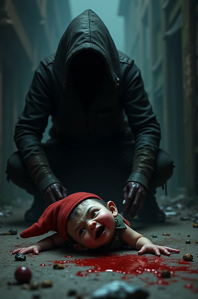 In the corner of the house stands the ghost of a scary child, his clothes stained with blood, holding a torn doll and a knife in his pocket. In the dark