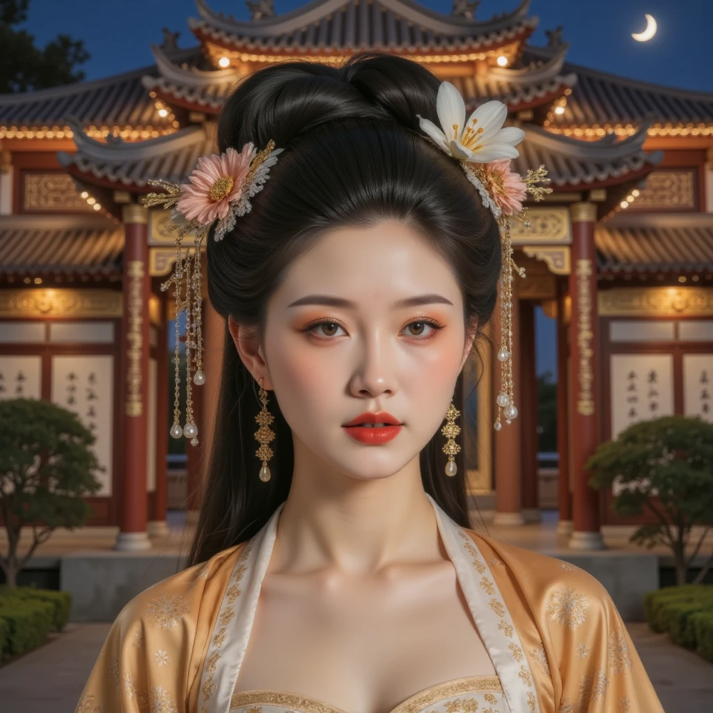 GGGJAAA，make up，huadian ，Hanfu，Magnificent buildings，palace，architecture ， east asian architecture ，1 Girl,Silver Hair,kimono, white stockings ,  detachable sleeves , Hair accessories, ((whole body)), Red lips,  Mature Women ,  exquisite makeup , Ethnic style, Realistic、 Reality 、Warm colors, (( realistic :1.5))、  has white phalaenopsis around the hair ，Dendrobium officinale、White Lily、 1 girl at home、 brown hair 、 blue dress 、 plump chest , ,  slim sexy legs ,  Elegant Posture , Flip the skirt,  Bare Shoulders , Possessing extremely beautiful facial features、Hairpin on the head 、Perfect hands、(night、moon、cliff)、 Vector Art、 Chinese Contemporary Art 、Soft Light、look down, Correct, 解剖学Correct