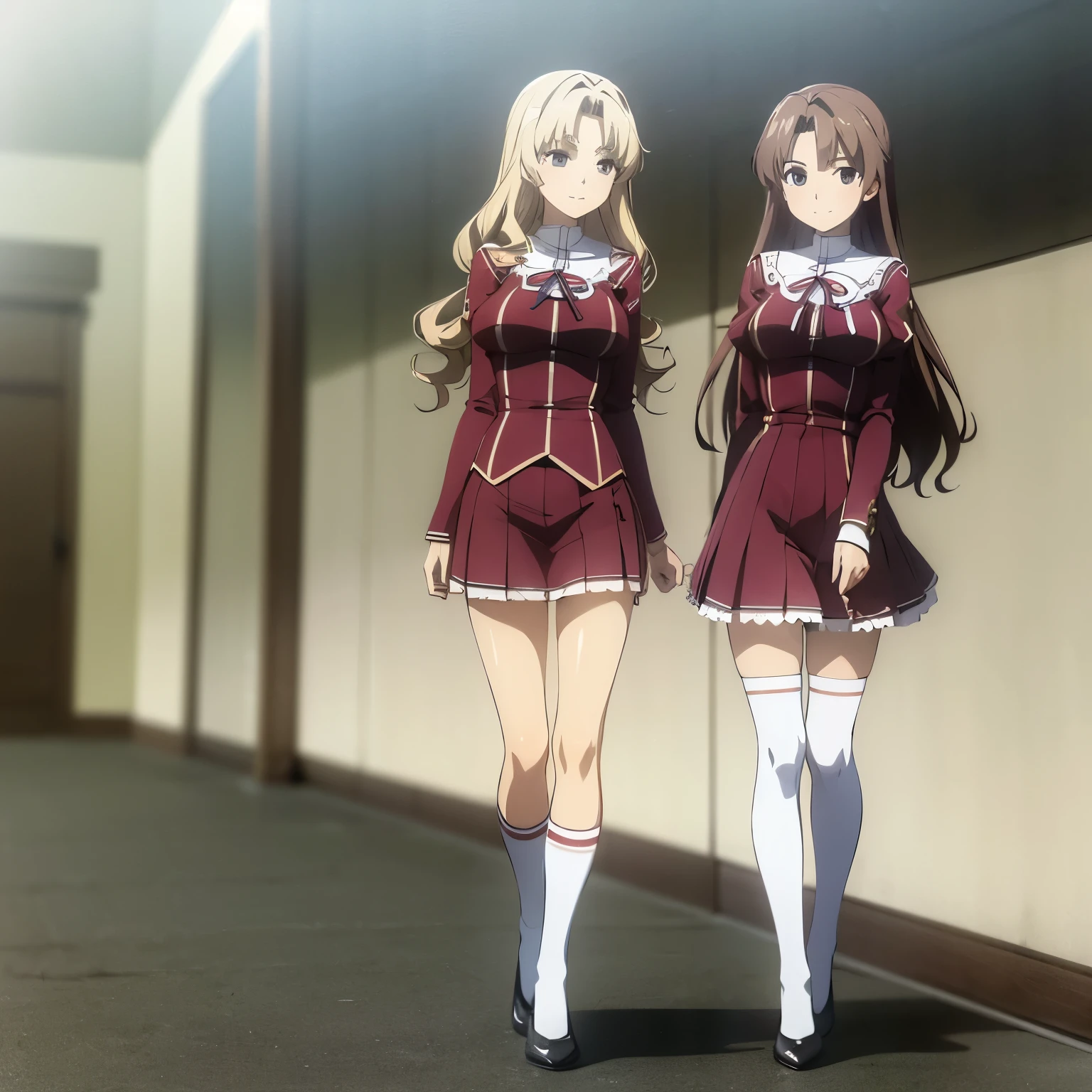 masterpiece, high quality , 10 girls , Duet, twin, blond, brown hair , curls, (one brown hair ed sister, 一个blond妹妹, Two sisters, matching hairstyle , different hair colors), Hazel Eyes , Medium bust size, ((School Uniform, sexy School Uniform, Casual suits, lace part , ribbon, Shirt Dress, white thigh socks , black heels , matching outfit )), Smile, Flat_color, whole body, Duet pose
