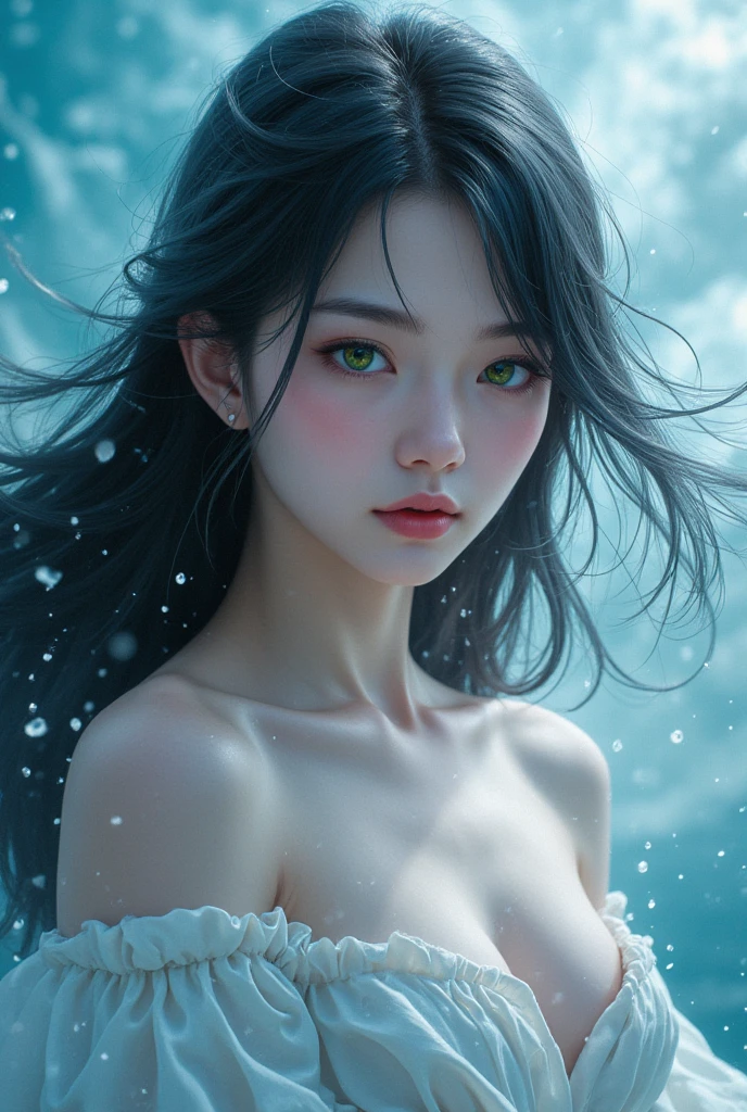(Hyper-realistic), (Illustration), (High resolution), (8K), (Extremely detailed), (Best Illustration), Yol ( chain saw man ), (Beautiful detailed eyes), (Best Quality), (Ultra-detailed), (masutepiece), (Wallpaper), (Detailed face), Solo, Upper body, Focus on Face, 1 girl, Long Black Hair, Korean, Thin eyeshadow, A detailed eye, Brown eyes, Small moles under the eyes, very slender legs,Small breasts,Smaller chest,Black knee socks, Dynamic Pose, low illuminance, Night, Dark, Clouds, a dark night,sleeps in a bed,Happy,White panty,toppless,splashing water on the face,Splashing water on the body,Reluctant face,