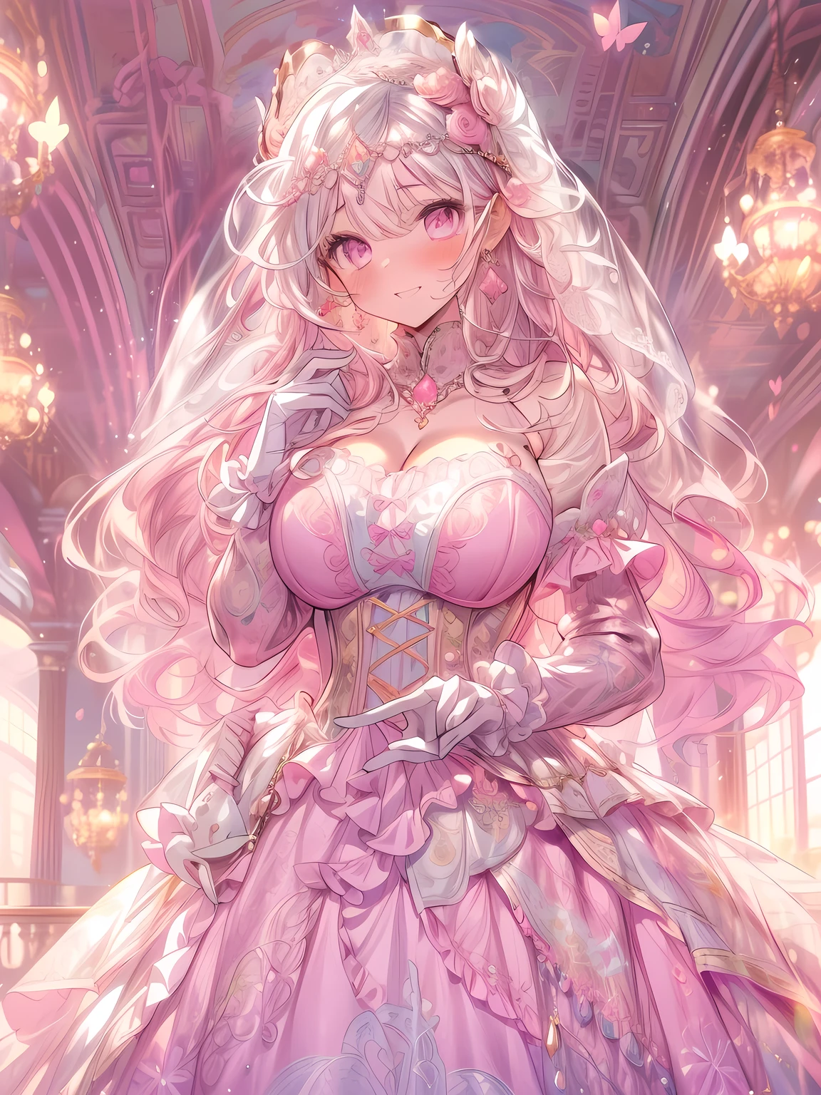 a beautiful girl wearing a long pink prom dress, blonde hair, pink eyes, highly detailed, masterpiece, 4k, ultra-detailed, HDR, studio lighting, vivid colors, elegant, graceful, enchanting, digital art, illustration