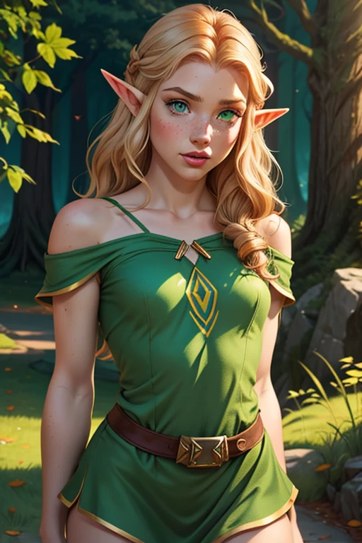 1 Elf girl, Female Elf, 19 years old, Alone, Aesthetic art, Irish, wavy strawberry blonde hair, Shoulder length hair, pointy ears, gray eyes, light gray eyes, a few small freckles, fair skin, runner's body, (Textured skin, skin pores: 1.1), wearing Elf princess clothes, Zelda style of white and green colors, sexy pose, facing the university