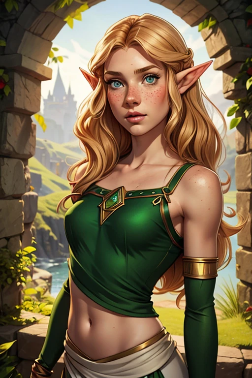 1 Elf girl, Female Elf, 19 years old, Alone, Aesthetic art, Irish, wavy strawberry blonde hair, Shoulder length hair, pointy ears, gray eyes, light gray eyes, a few small freckles, fair skin, runner's body, (Textured skin, skin pores: 1.1), wearing Elf princess clothes, Zelda style of white and green colors, sexy pose, facing the university