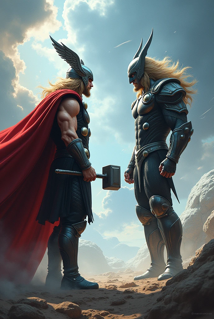 Young black captain america with thor hammer vs loki