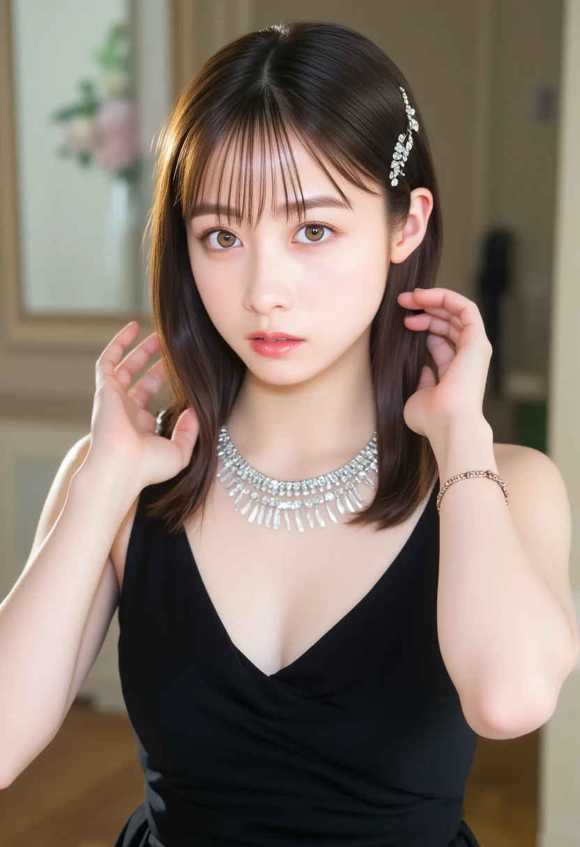 One Woman、beautiful、Perfect looks、Pale turquoise eyes:1.3、Small breasts、Perfect balance、Black Silk Dress,simple diamond necklace、(((Blurred Background)))、Luxury palace,Sparkling Room、(Please redeem: 1.1), (Realistic: 1.1), (photograph: 1.1), (Very detailed: 1.1),