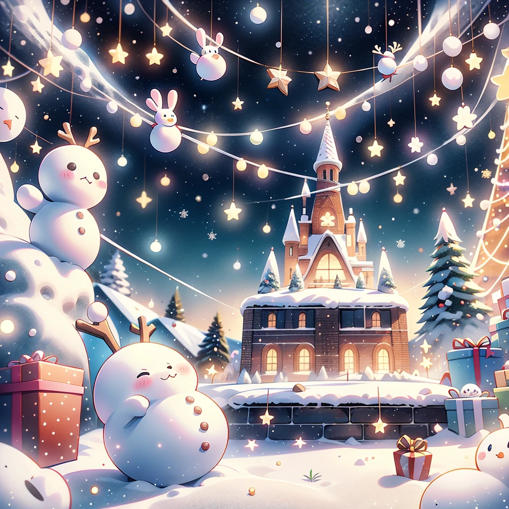  white Christmas 、🎄、🎅、 Illuminations、Cute Snowman、⛄、Sanrio、☃、Merry Christmas、star、流star群、Mysterious、fuzzy white casket hat、 The snowman is wearing a blue rabbit costume、背景は緑と赤のネオン Illuminations、Large gift box 、