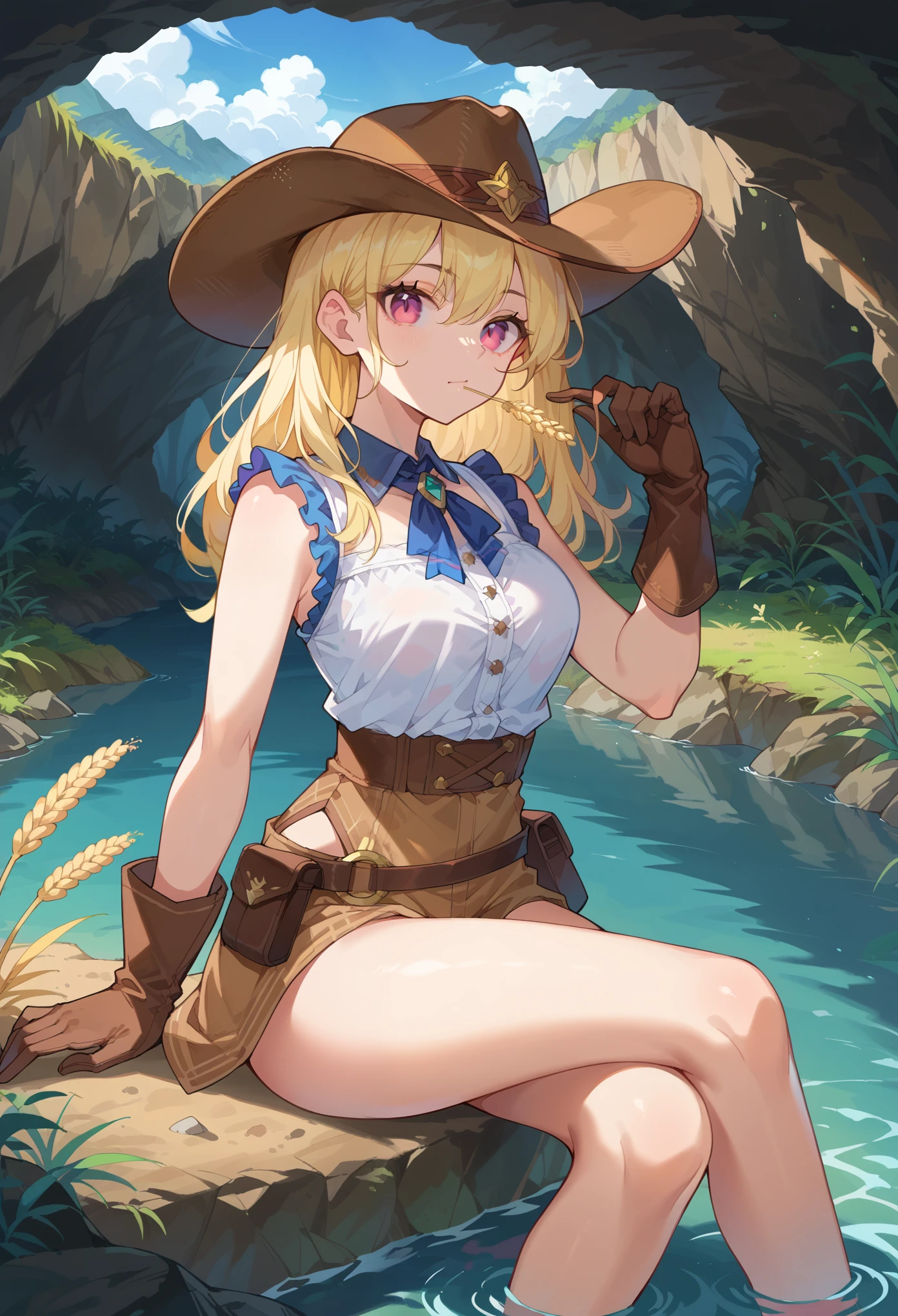 score_9, score_8_up, score_7_up, 1girl, solo, cowgirl, blonde hair, pink eyes, wild west, cowgirl, looking at viewer, wheat in mouth, brown cowboy hat, brown gloves, holding hat, sitting, crossing legs, canyon, river, clear sky, light clouds