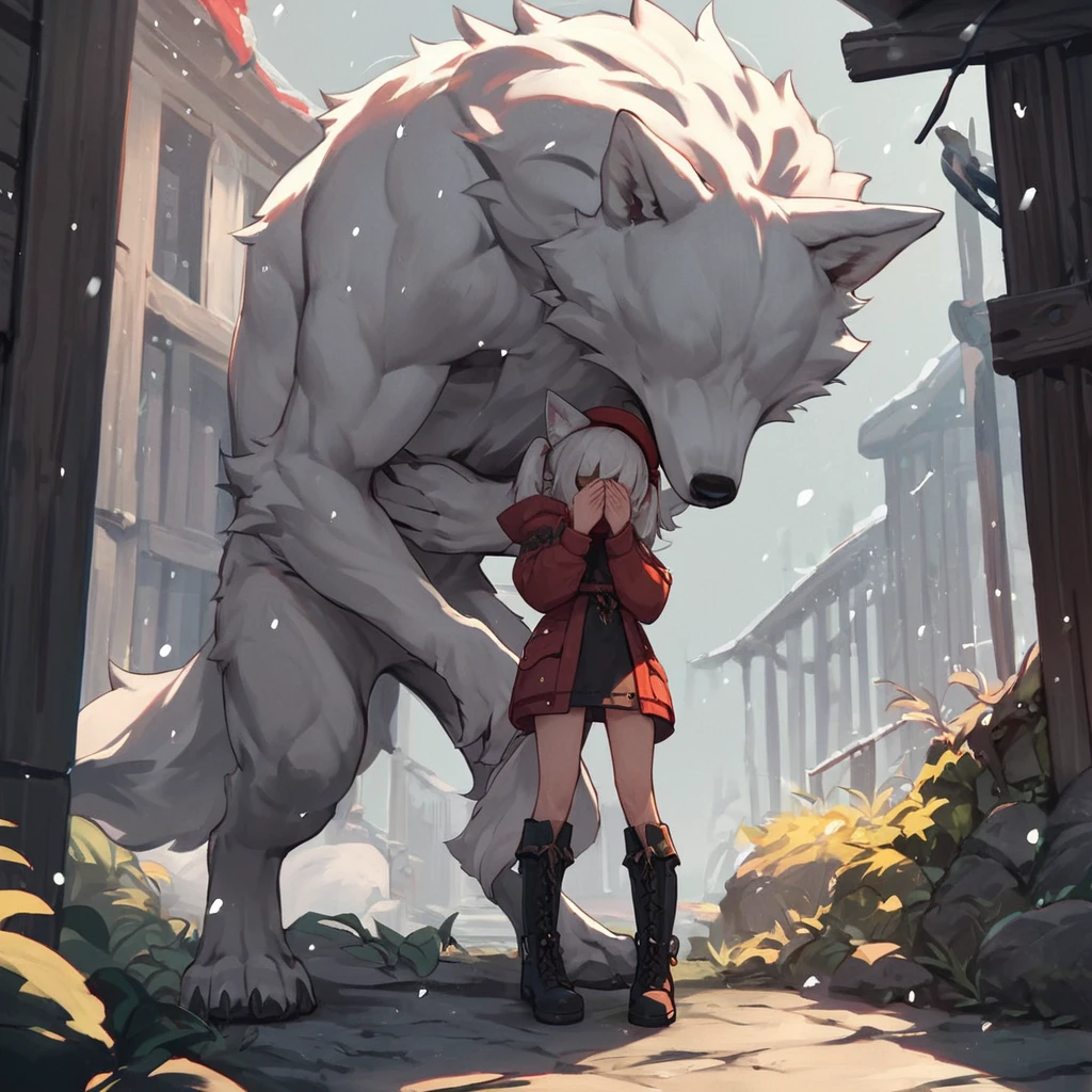 score_9, score_8_up, score_7_up, score_6_up, score_5_up, score_4_up, source_furry, by yboon, cowboy shot BREAK 1girl, white wolf ears, white wolf tail, Twintails, bangs covering eyes, white hair, black boots, red beret, outside, snowing