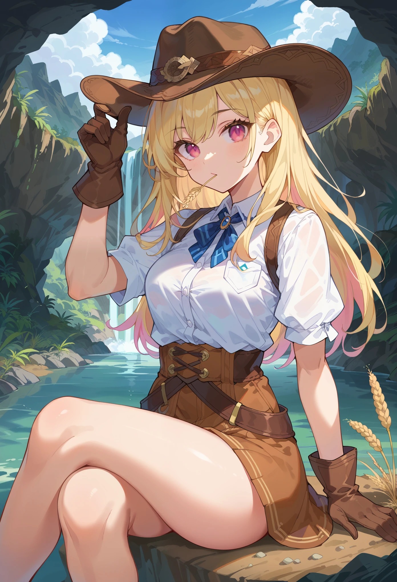 score_9, score_8_up, score_7_up, 1girl, solo, cowgirl, blonde hair, pink eyes, wild west, cowgirl, looking at viewer, wheat in mouth, brown cowboy hat, brown gloves, holding hat, sitting, crossing legs, canyon, river, clear sky, light clouds