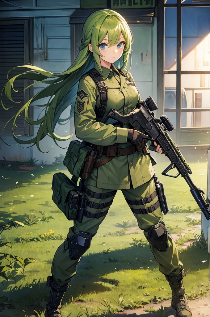 Green clothing、Rinwell-style braided green-haired shorthair 、 blue eyes、 Rough Outfit 、 long lashes、holding_gun, assault_rifle,  skillfully expressing the effects of light and shadow , スチームパンクの長gun身ピストルを持っている.  mechanized soldier girl , Anime girls with guns and rifles,  girl&#39; Frontline, 機械化された兵士の girl, &#39; Frontline style、sketch ( character design sheet, Mr.々Face）