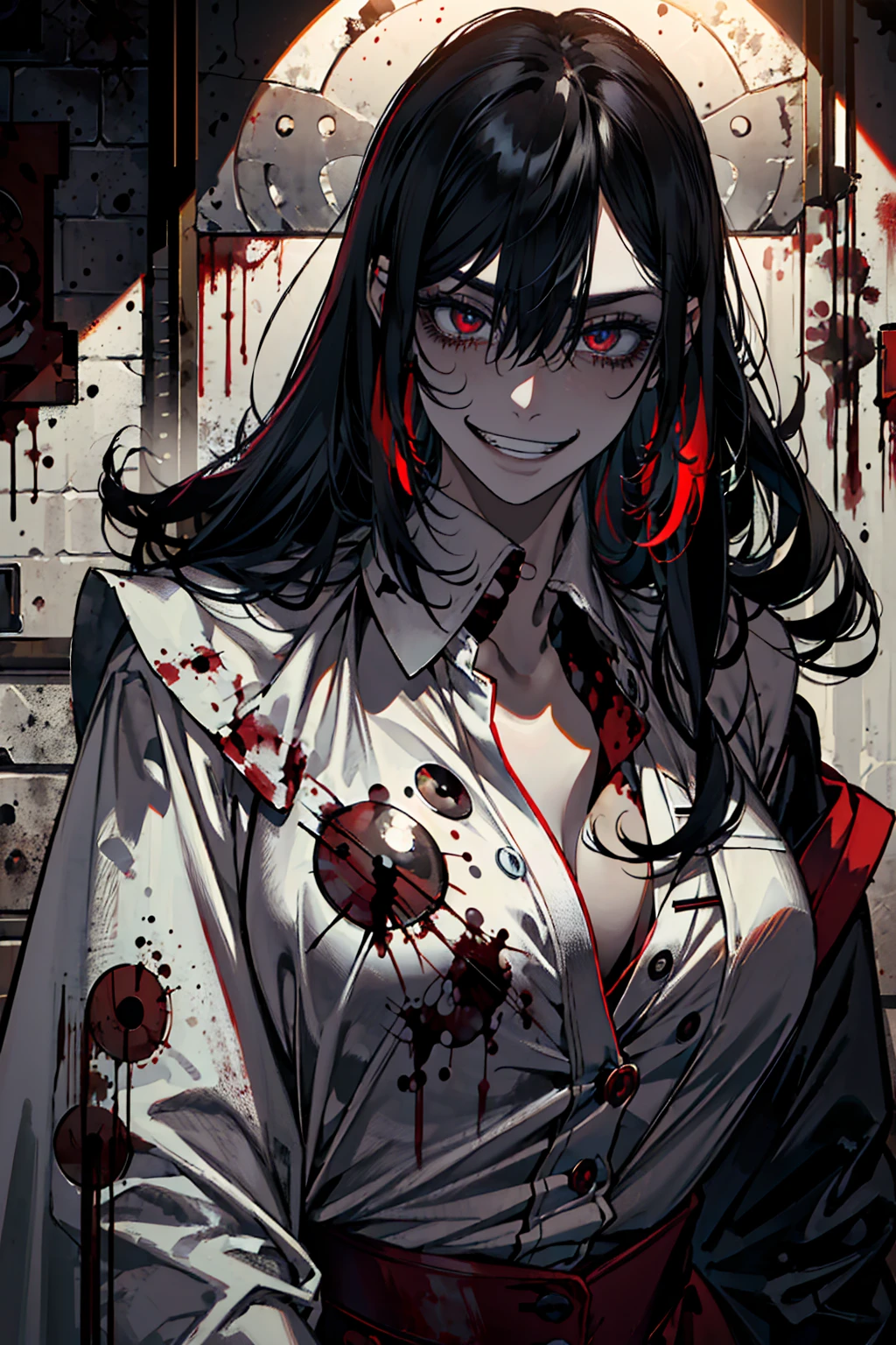 Close-up of a girl in a suit and tie, androgynous vampire, junji ito 4 k, with long dark hair, ito junji art, style of junji ito, Dark Costume, portrait of sadako of the ring, Gentle androgynous princess , Beautiful androgynous princess , with her long black hair, girl in suit, (big yellow eyes:1.3), fangs, detailing, (generous cleavage), Burst breasts, extra high resolution, 8K, (The blood on her lips runs down her neck), (Lovely Medium Breasts), perfect anatomy, (Gloomy color scheme:1.5), (skinny body)