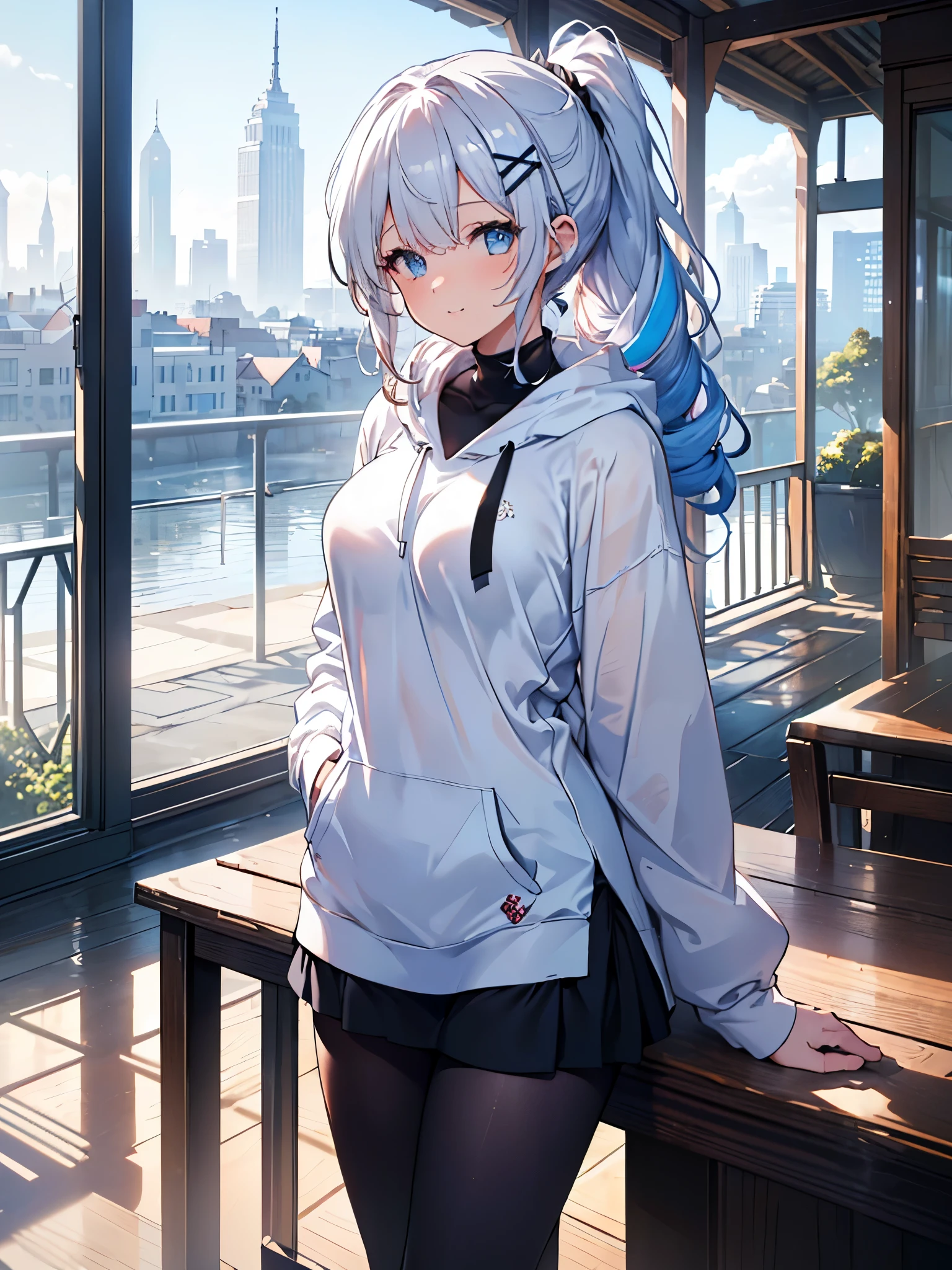  one girl , Curly Ponytail, smile,  blue eyes , Wear a white hoodie, (terrace）, (（morning）), masterpiece, 8k,  Full Photo, The perfect outfit,  perfect anatomy, Sharp resolution,  shallow depth of field ,  Soft Shadow ,  casual and relaxed atmosphere , Natural light pours in, Hair clip, Beautiful breasts、Black tights、20 years old