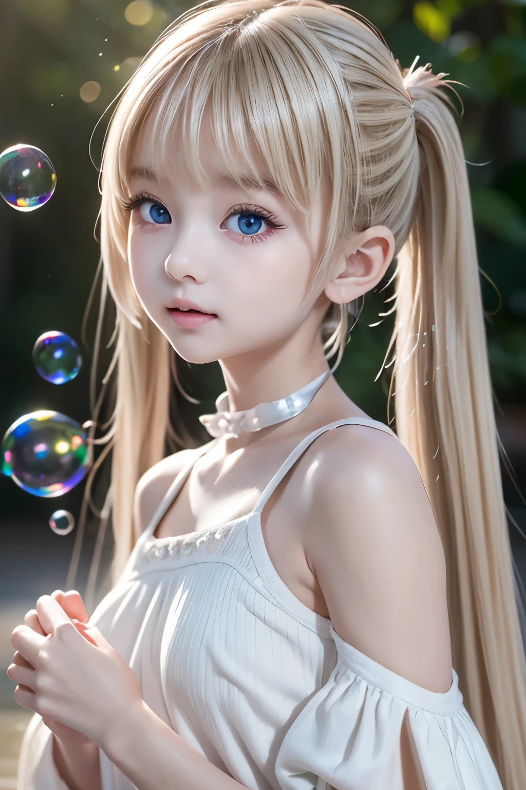 ◎( Very Detailed CG Unity 8k Wallpaper ),  The World's Most Beautiful Artwork, *******************, , Blonde,  twin tails, Slim and young body,  white skin, Clothes with exposed shoulders, A young girl with a beautiful face, bubble, shiny bubbles, bubbles, color shining in bubble, reflective bubbles, bubbles, bubbles all around, turning into bubble