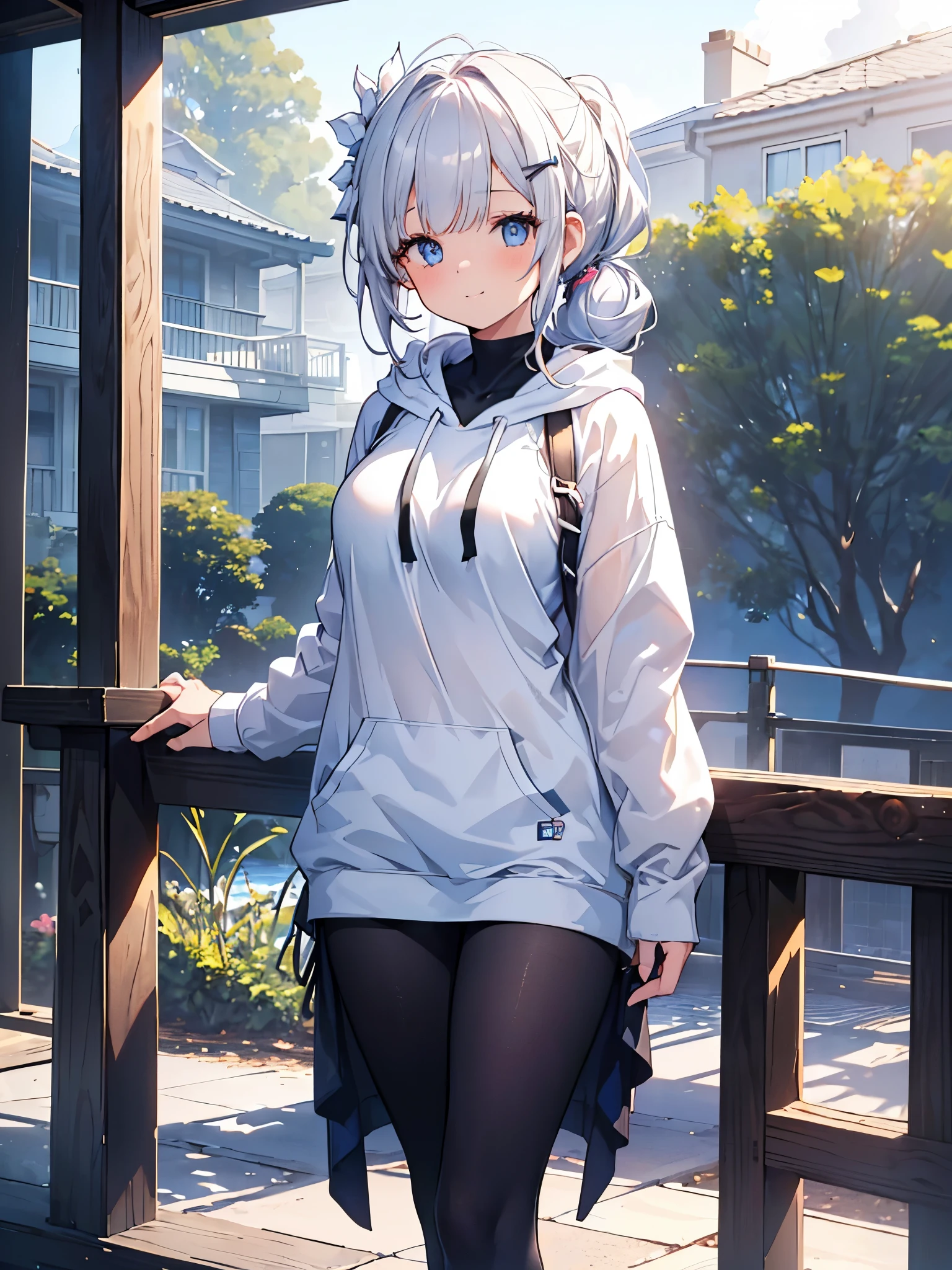  one girl , Curly Ponytail, smile,  blue eyes , Wear a white hoodie, (terrace）, (（morning）), masterpiece, 8k,  Full Photo, The perfect outfit,  perfect anatomy, Sharp resolution,  shallow depth of field ,  Soft Shadow ,  casual and relaxed atmosphere , Natural light pours in, Hair clip, Beautiful breasts、Black tights、20 years old