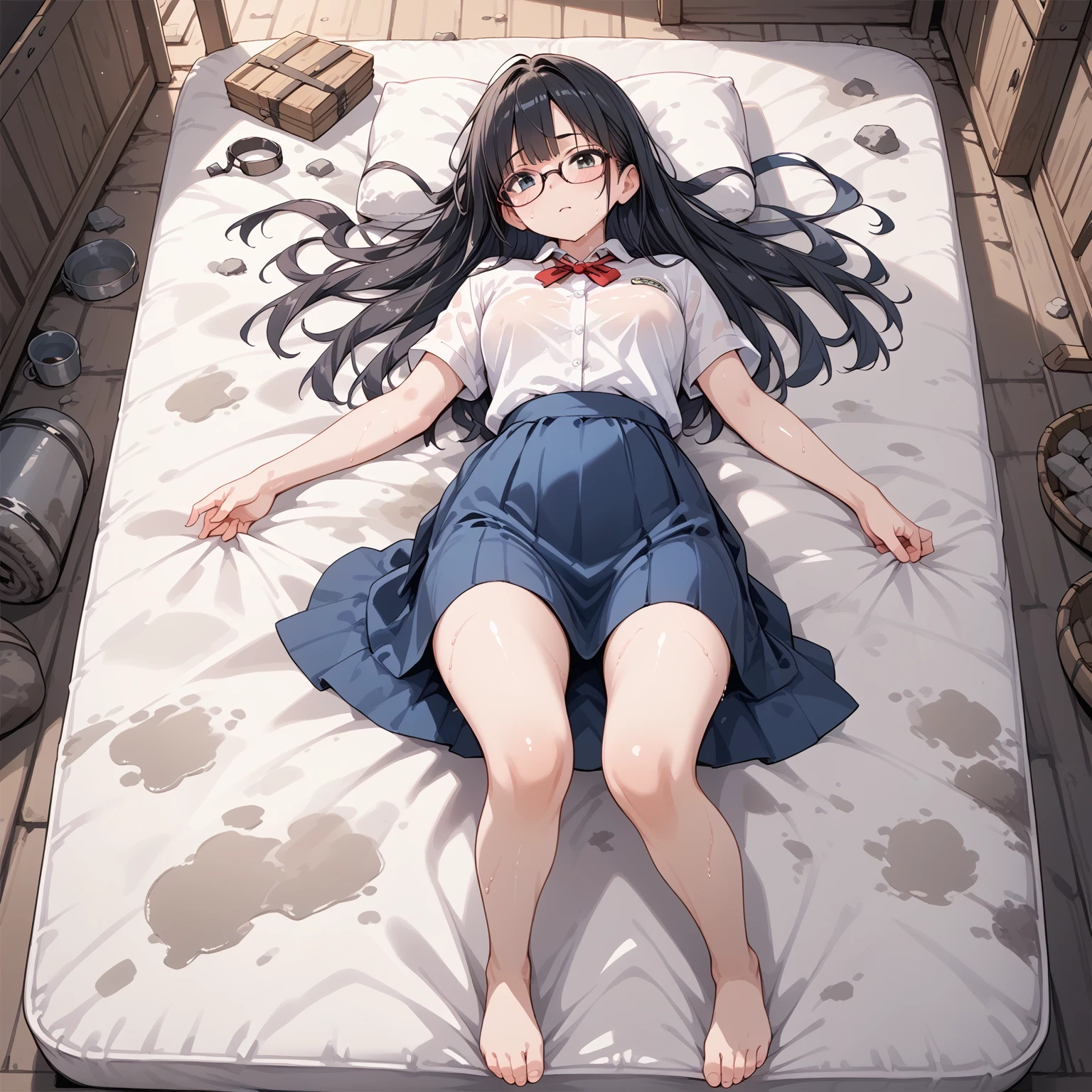 Black Hair, long hair,Glasses,Sweaty, white shirt, blue check skirt,Dirty clothes,barefoot,Attic,hot,Lying on your back, dirty mattress ,dust