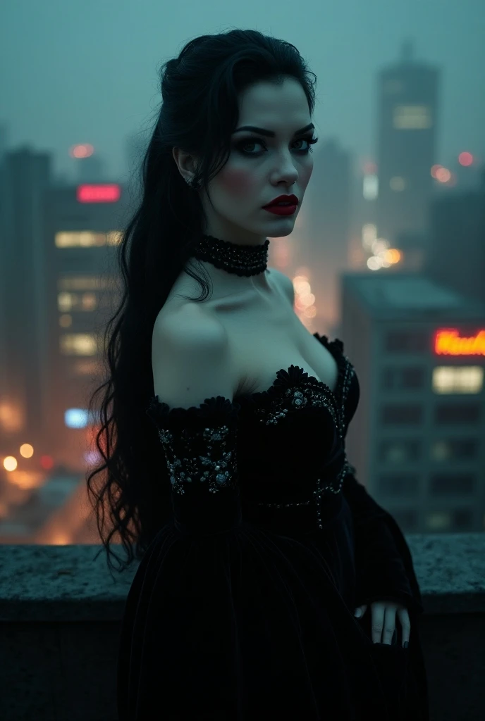Vampiress,Queen of Dracula,her breasts only partly hidden by a plunge neck gown of black and red silk,stands in the window of a Gothic castle,lit by moonlight,stormy sky