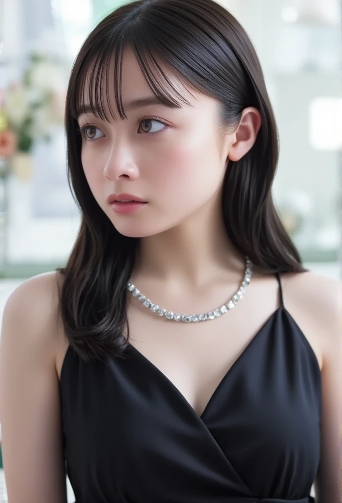 One Woman、beautiful、Perfect looks、Pale turquoise eyes:1.3、Small breasts、Perfect balance、Black Silk Dress,simple diamond necklace、(((Blurred Background)))、Luxury palace,Sparkling Room、(Please redeem: 1.1), (Realistic: 1.1), (photograph: 1.1), (Very detailed: 1.1),