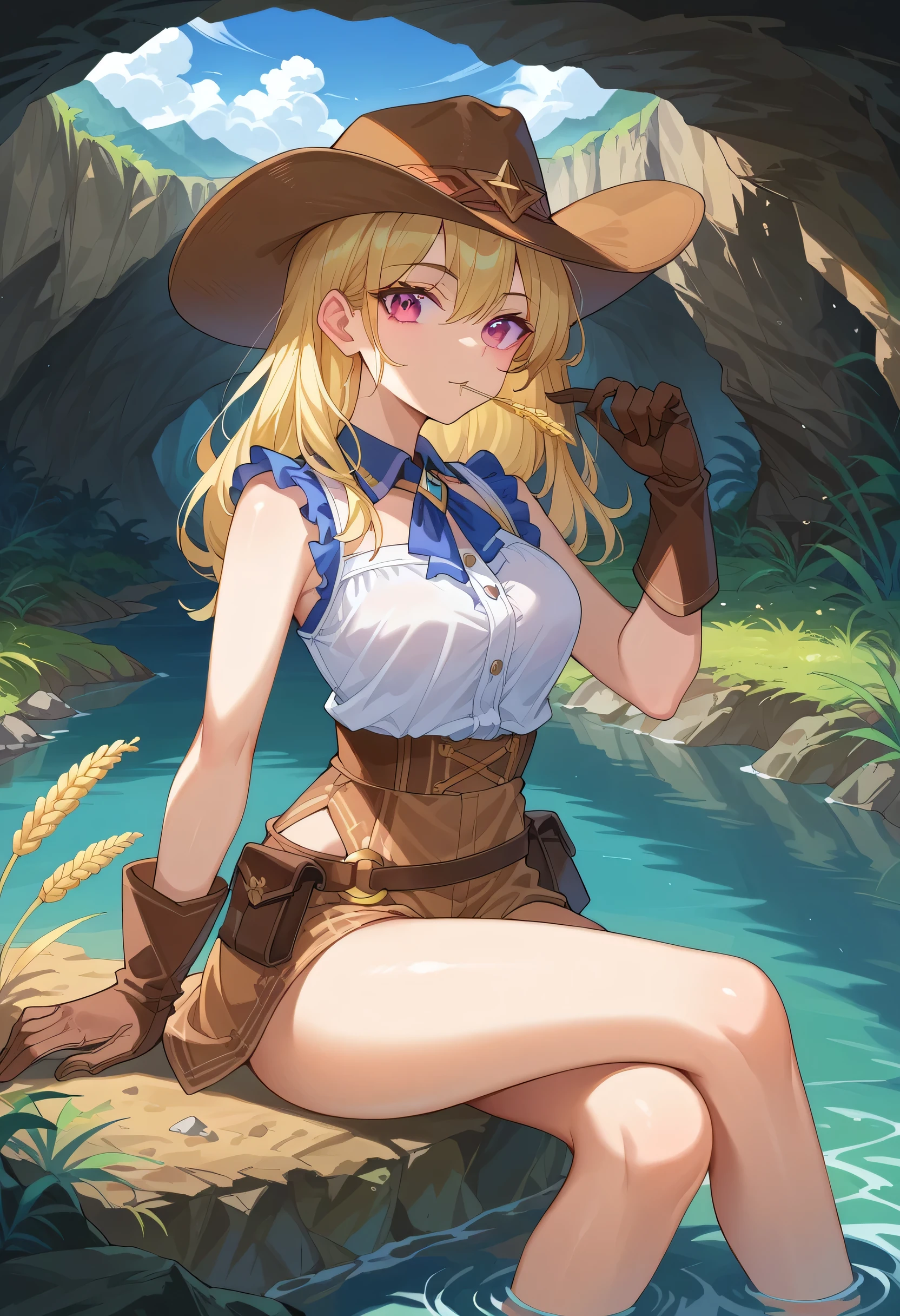 score_9, score_8_up, score_7_up, 1girl, solo, cowgirl, blonde hair, pink eyes, wild west, cowgirl, looking at viewer, wheat in mouth, brown cowboy hat, brown gloves, holding hat, sitting, crossing legs, canyon, river, clear sky, light clouds