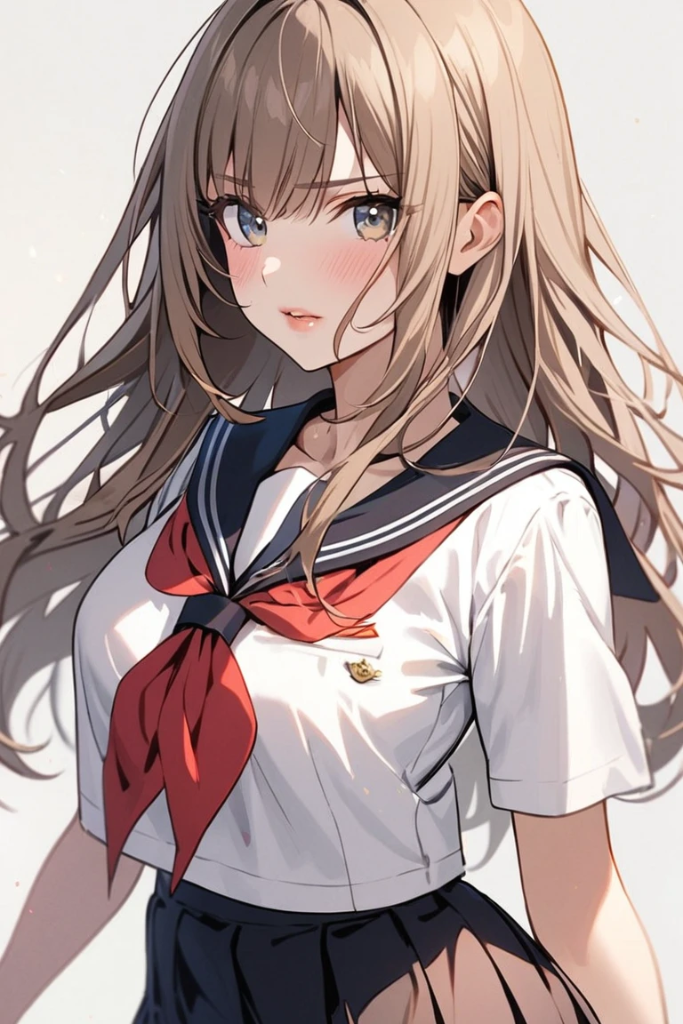 A girl in a sailor's suit sits on a standing wooden stick,Flushed face,Chest exposure