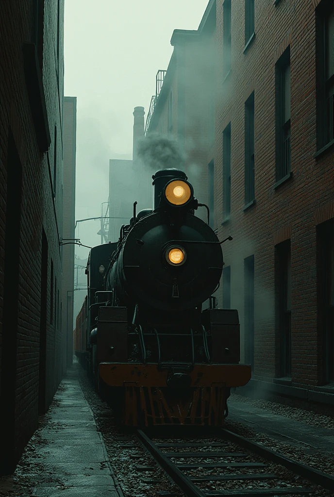 Cinematic photography, an old train run through an alley, light rain