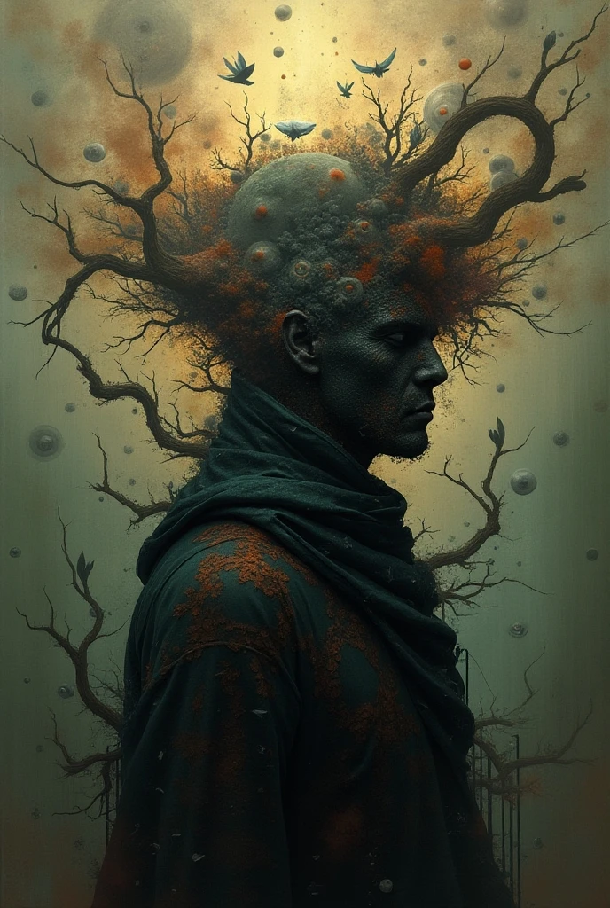 old wizard, portrait, face, in the microscopic realm, macro, ornaments, lights, <lora:Proto:0.9> proto, absurdres, high contrast colors, fungal hyphae, dense bacterial forest, scintillating lights, green and red filaments, dramatic, body turned, looking at viewer,