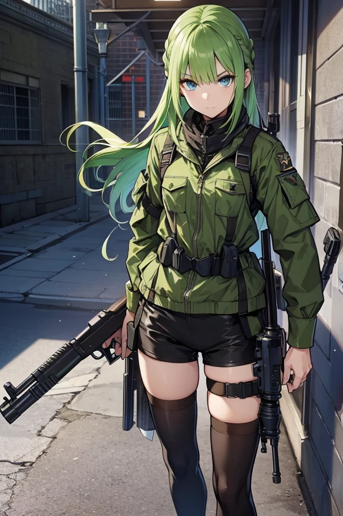 Green clothing、Rinwell-style braided green-haired shorthair 、 blue eyes、 Rough Outfit 、 long lashes、holding_gun, assault_rifle,  skillfully expressing the effects of light and shadow , スチームパンクの長gun身ピストルを持っている.  mechanized soldier girl , Anime girls with guns and rifles,  girl&#39; Frontline, 機械化された兵士の girl, &#39; Frontline style、sketch ( character design sheet, Mr.々Face）
