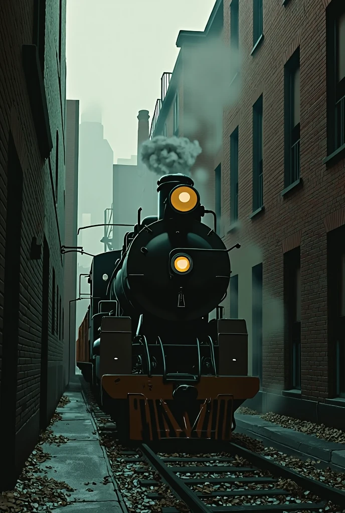 Cinematic photography, an old train run through an alley, light rain