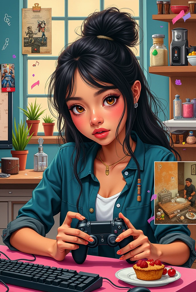 Teenage bunny girl dirty room at night, retro old pink bed, bras, panties, underwear scattered,OPEN MOUTH, TONGUE OUT, EYE CLOSED PlayStation 5 and controller, PC and monitor, bunny art on display monitor, window, pink and blue light entering the room, junk food, cup noodle and DRINK jars and cans are scattered, trash cans are overflowing. The walls are bare with cables and wiring, only the appliances are futuristic, sparkling dust is flying around the room, night, HD, 8K, masterpiece, real texture.