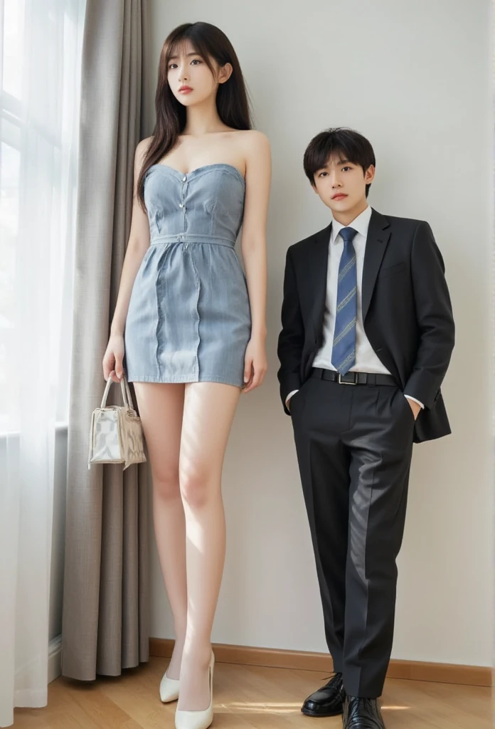 A slim Japanese giantess beauty (15 feet tall) trapped in a small bedroom, side view perspective, her head and shoulders nearly touching the 8-foot ceiling, squatting down with visible strain, hands pressing against ceiling. A regular-sized businessman (5'10") hugging giantess legs. (Extreme size difference:1.4), (scale comparison:1.3), alluring facial features, Chinese beauty standards
 Giantess: Perfect hourglass figure, 15-foot tall, long toned legs in white stockings, S-line body curve, elegant Chinese features, seductive yet embarrassed expression Businessman: 5'10" tall, reaching only to giantess's thigh level, well-fitted black suit, professional appearance, expression of amazement
 Standard 8-foot ceiling height, bedroom furniture appears tiny compared to giantess, forced perspective emphasizing size difference, clear scale reference objects (bed, door, desk), cramped space for giantess but spacious for businessman
 Giantess: Form-fitting mini dress, sheer white stockings with delicate patterns, high heels Businessman: Tailored black suit, tie, polished shoes, briefcase
 Side angle view highlighting dramatic size difference, businessman positioned to show extreme height comparison, forced perspective composition, dynamic tension in space
 Dramatic lighting emphasizing scale, shadows casting size comparison, rim lighting on both figures, ambient occlusion showing space constraints
8k uhd, masterpiece quality, best quality, intricate details, professional photography, perfect composition, precise scaling