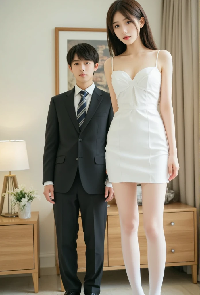 A slim Japanese giantess beauty (15 feet tall) trapped in a small bedroom, side view perspective, her head and shoulders nearly touching the 8-foot ceiling, squatting down with visible strain, hands pressing against ceiling. A regular-sized businessman (5'10") hugging giantess legs. (Extreme size difference:1.4), (scale comparison:1.3), alluring facial features, Chinese beauty standards
 Giantess: Perfect hourglass figure, 15-foot tall, long toned legs in white stockings, S-line body curve, elegant Chinese features, seductive yet embarrassed expression Businessman: 5'10" tall, reaching only to giantess's thigh level, well-fitted black suit, professional appearance, expression of amazement
 Standard 8-foot ceiling height, bedroom furniture appears tiny compared to giantess, forced perspective emphasizing size difference, clear scale reference objects (bed, door, desk), cramped space for giantess but spacious for businessman
 Giantess: Form-fitting mini dress, sheer white stockings with delicate patterns, high heels Businessman: Tailored black suit, tie, polished shoes, briefcase
 Side angle view highlighting dramatic size difference, businessman positioned to show extreme height comparison, forced perspective composition, dynamic tension in space
 Dramatic lighting emphasizing scale, shadows casting size comparison, rim lighting on both figures, ambient occlusion showing space constraints
8k uhd, masterpiece quality, best quality, intricate details, professional photography, perfect composition, precise scaling