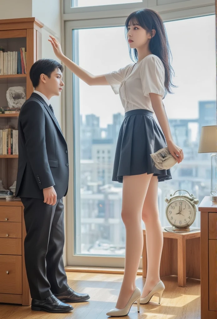 A slim Japanese giantess beauty (15 feet tall) trapped in a small bedroom, side view perspective, her head and shoulders nearly touching the 8-foot ceiling, squatting down with visible strain, hands pressing against ceiling. A regular-sized businessman (5'10") hugging giantess legs. (Extreme size difference:1.4), (scale comparison:1.3), alluring facial features, Chinese beauty standards
 Giantess: Perfect hourglass figure, 15-foot tall, long toned legs in white stockings, S-line body curve, elegant Chinese features, seductive yet embarrassed expression Businessman: 5'10" tall, reaching only to giantess's thigh level, well-fitted black suit, professional appearance, expression of amazement
 Standard 8-foot ceiling height, bedroom furniture appears tiny compared to giantess, forced perspective emphasizing size difference, clear scale reference objects (bed, door, desk), cramped space for giantess but spacious for businessman
 Giantess: Form-fitting mini dress, sheer white stockings with delicate patterns, high heels Businessman: Tailored black suit, tie, polished shoes, briefcase
 Side angle view highlighting dramatic size difference, businessman positioned to show extreme height comparison, forced perspective composition, dynamic tension in space
 Dramatic lighting emphasizing scale, shadows casting size comparison, rim lighting on both figures, ambient occlusion showing space constraints
8k uhd, masterpiece quality, best quality, intricate details, professional photography, perfect composition, precise scaling