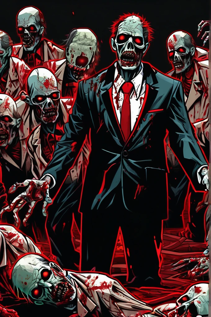 zombie、Suit Invasion、background red black ,detailed 4k Horror artwork, elegant Horror artwork, Horror!!  Very Detailed,  Scary Color Detail Art , Dead Body Floor , gore, Massacre,