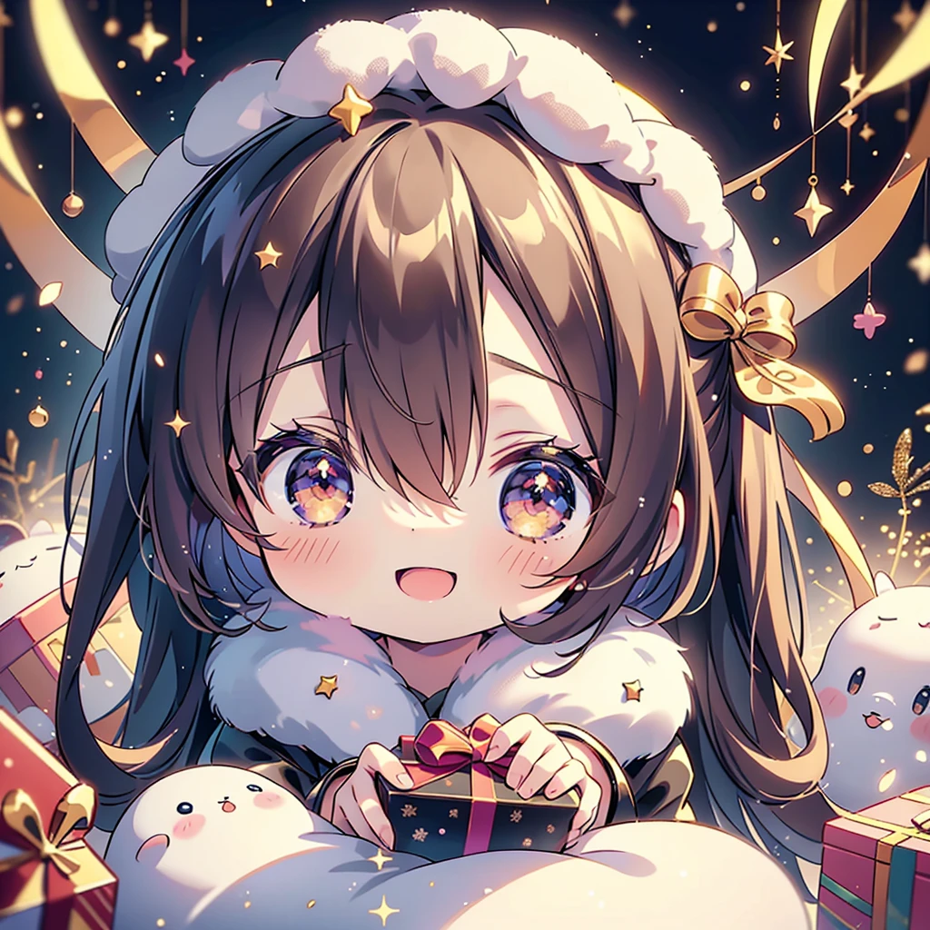 1girl,🎄、Girl holding a gift box、Chibi、 happy smile、joy、 glitter、Best Quality、 masterpiece、The best composition、 eyes closed、Chibi、